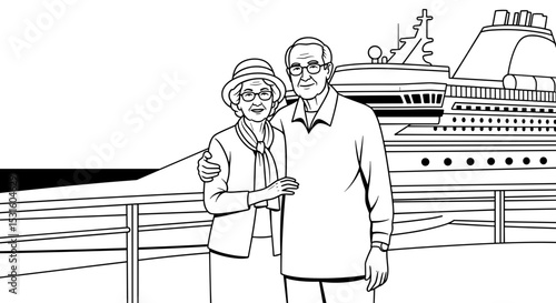 Elderly couple enjoying time on a cruise ship, joyful and loving mood, black and white, for travel and companionship