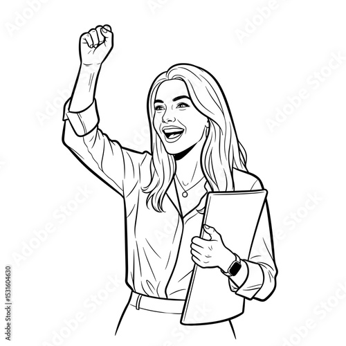 Excited woman celebrating success, joyful and triumphant mood, black and white, for empowerment and achievement