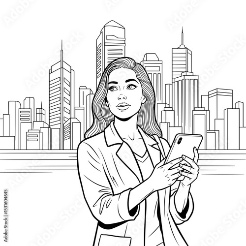 Blogger woman with smartphone, confident and urban vibe, black and white, for digital lifestyle representation