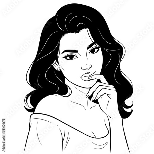 Latina woman with wavy hair, confident and alluring expression, black and white, for beauty representation
