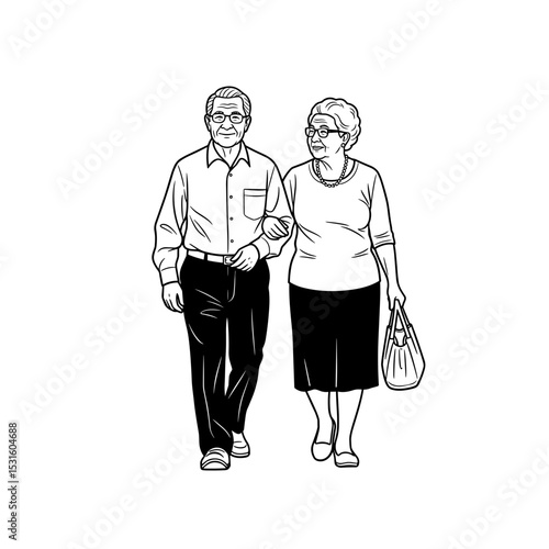 Elderly couple walking together, affectionate and loving mood, black and white, for companionship and love