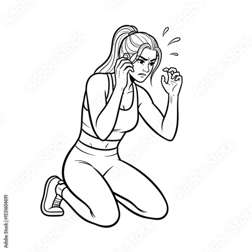 Stressed woman in workout attire, anxious and overwhelmed mood, black and white, for mental health awareness