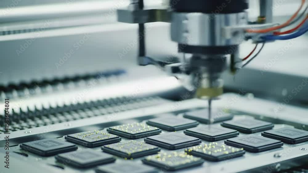 Automated machine placing microchips on circuit board during semiconductor manufacturing Automated machine placing microchips on circuit board during semiconductor manufacturing