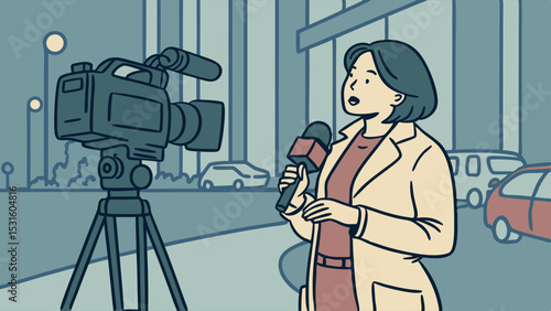 News Reporter with Microphone and Camera Reporting Live On Location