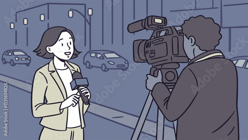 News Reporter Reporting Live with a Cameraman Filming