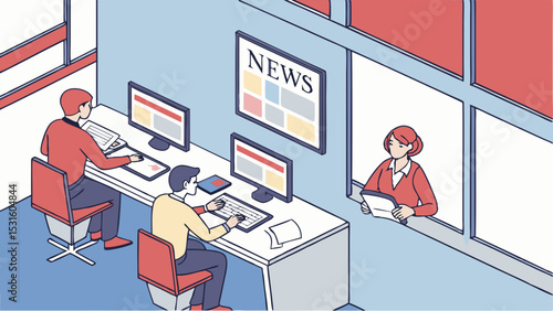 Newsroom Illustration Depicting Journalists Working on Computers and News