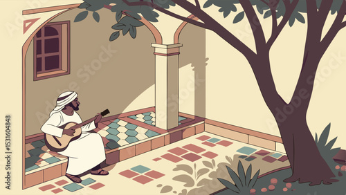 Arabian Man Playing Oud in Courtyard Patio