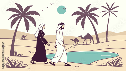 Couple Walking Through Desert Landscape with Palm Trees and Camels