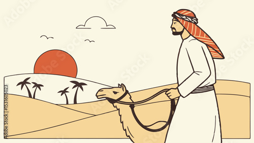 Arabian Man Leading Camel at Sunset in Desert Landscape