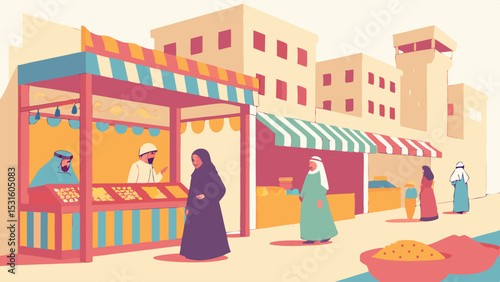 Colorful Middle Eastern Market Scene with People