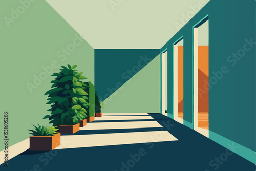 Vector illustration of a modern office corridor with plants