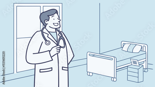 Smiling Doctor in Hospital Room with Patient Bed