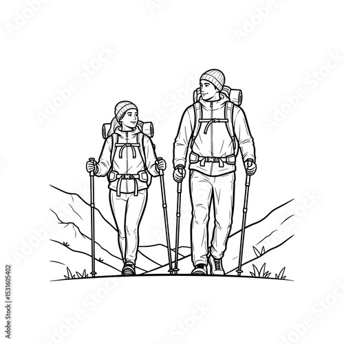 Hiking couple enjoying a walk in nature with backpacks and trekking poles, embracing adventure and togetherness 