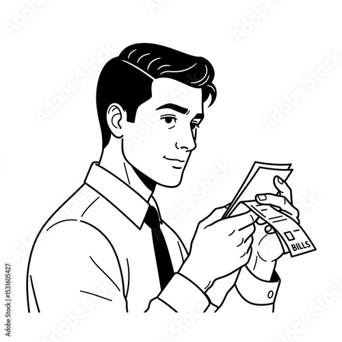 Man reviewing unpaid bills with a thoughtful expression, managing finances and duties 