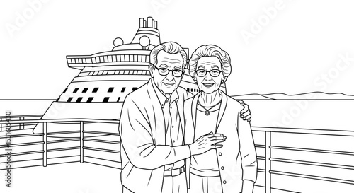 Elderly couple posing together on a cruise ship deck, enjoying their time at sea with smiles 