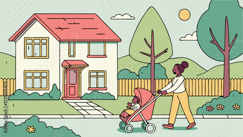 Mother Strolling with Baby in Stroller near Suburban Home