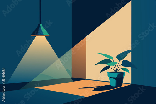 Vector illustration of a potted plant in a room with lighting