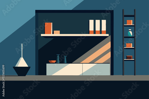 Vector illustration of modern kitchen interior with shelves and decor
