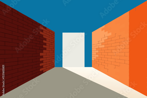 Vector illustration of empty corridor with brick walls and open door
