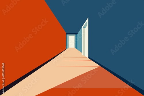 Vector illustration of an open door in a colorful hallway