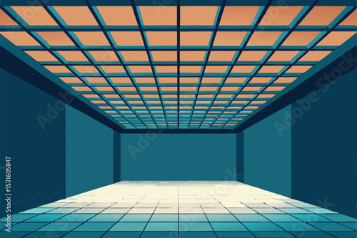 Vector illustration of empty room with grid ceiling and floor