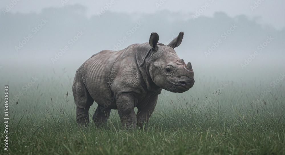 Obraz premium Majestic Indian Rhinoceros in Misty Meadow Wildlife Photography