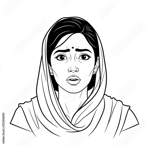 Emotional woman expressing concern wearing a traditional scarf

