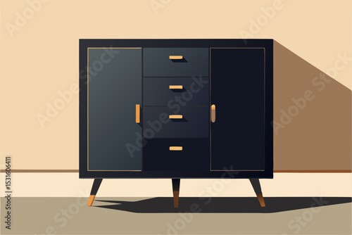 Vector illustration of a black mid-century modern cabinet