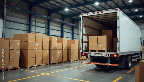 Interior of a logistic warehouse, Many cardboard boxes stacked on wooden pallets in large indoor warehouse. White refrigerated truck parked inside warehouse. Cold chain, created with generative ai