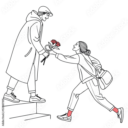 Romantic Couple Sharing Roses on Steps Line Art Illustration