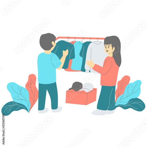 illustration of a man shopping for clothes at a second-hand clothing bazaar