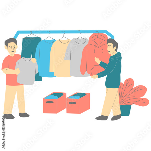 illustration of a man shopping for clothes at a second-hand clothing bazaar