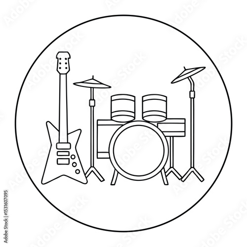Rock Band Instruments Electric Guitar and Drum Kit Line Art Illustration