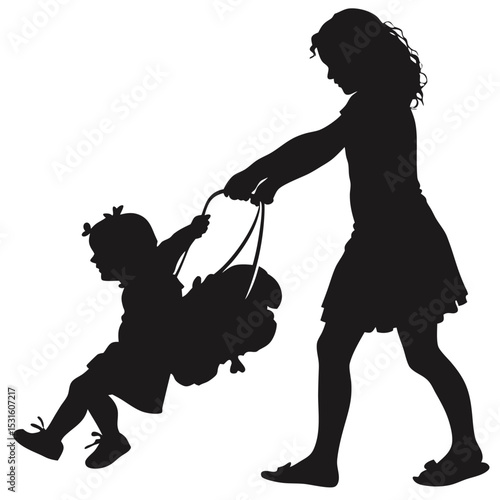 Silhouette of Two Girls, Older Sister Helping Younger Sister Walk, Vector Illustration