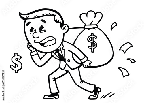 Overburdened Businessman Carrying Heavy Bag of Money  Financial Stress and Burden Illustration
