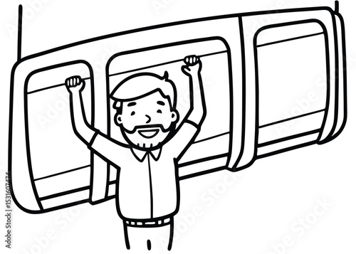 Joyful Commute Man Hanging Onto Public Transportation Cartoon Illustration