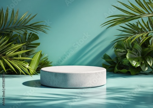 Light gray circular podium, surrounded by tropical plants, teal background
