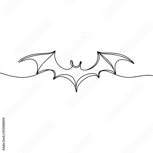Minimalist black line art bat silhouette on a white background representing nocturnal themes and Halloween, concept of decoration or graphic design