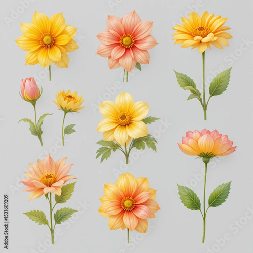 Bright Watercolor Daisy and Marigold Flowers Set