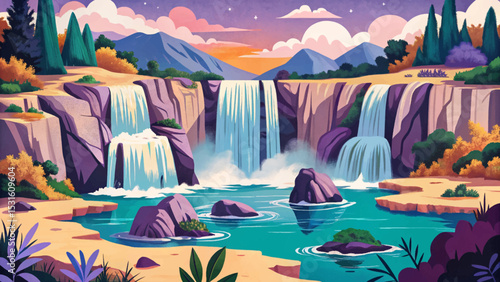 Vector illustration of Plitvice Lakes National Park in Croatia, featuring cascading waterfalls, turquoise lakes, lush greenery, and scenic nature perfect for travel themes.