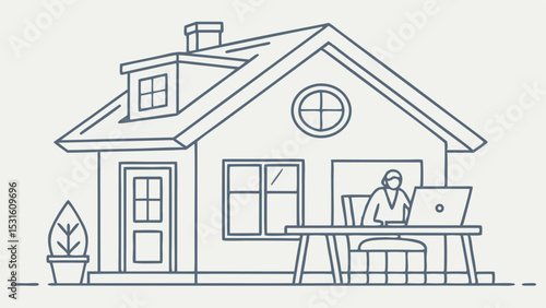 Person Working from Home on Laptop House Illustration