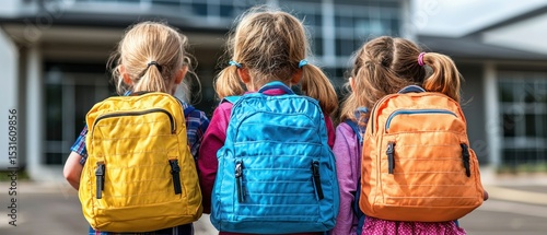 Three young girls with colorful backpacks stand facing away from the camera, in front of a school building