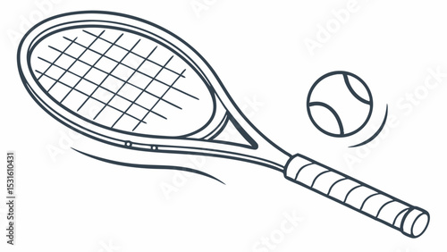 Line art illustration of a tennis racket and ball