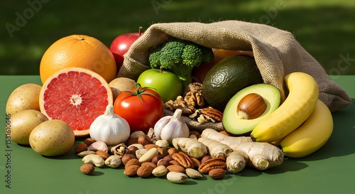 Vibrant assortment of raw plant-based foods grapefruit, tomato, garlic, potato, ginger, avocado, banana, and mixed nuts spread from a bag over a green table, ideal for healthy diet visuals.