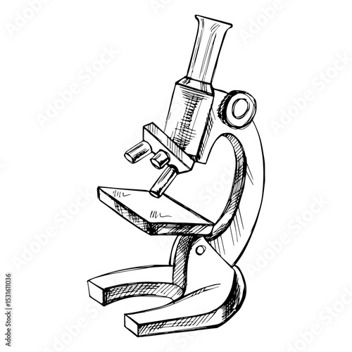 Detailed retro style microscope sketch. Vintage sketch element.⁠

