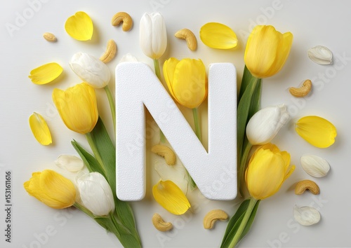 Wallpaper Mural White letter "N" surrounded by yellow and white tulips, petals, and cashew pieces Torontodigital.ca