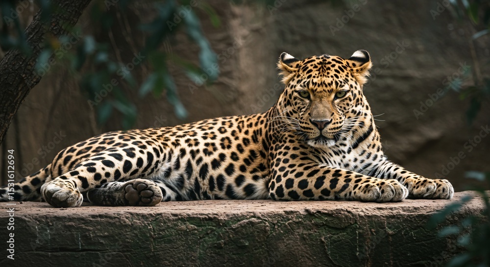 Fototapeta premium Majestic Leopard Resting on Rock Wild Cat in Dark Forest