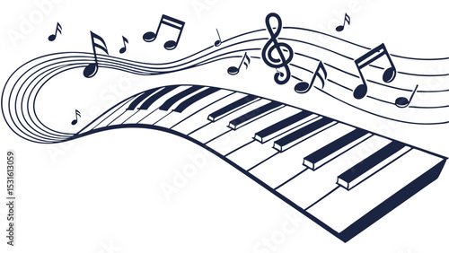 Piano Keyboard with Musical Notes and Treble Clef Design