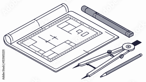 Architectural Blueprint with Drafting Tools for Design and Planning