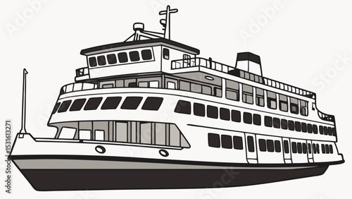 Stylized Ferry Boat Illustration with Multiple Decks and Windows